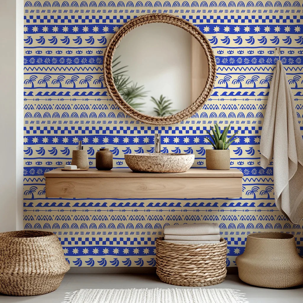 Bohemian-style peel and stick wallpaper featuring blue and cream hand-drawn stripes
