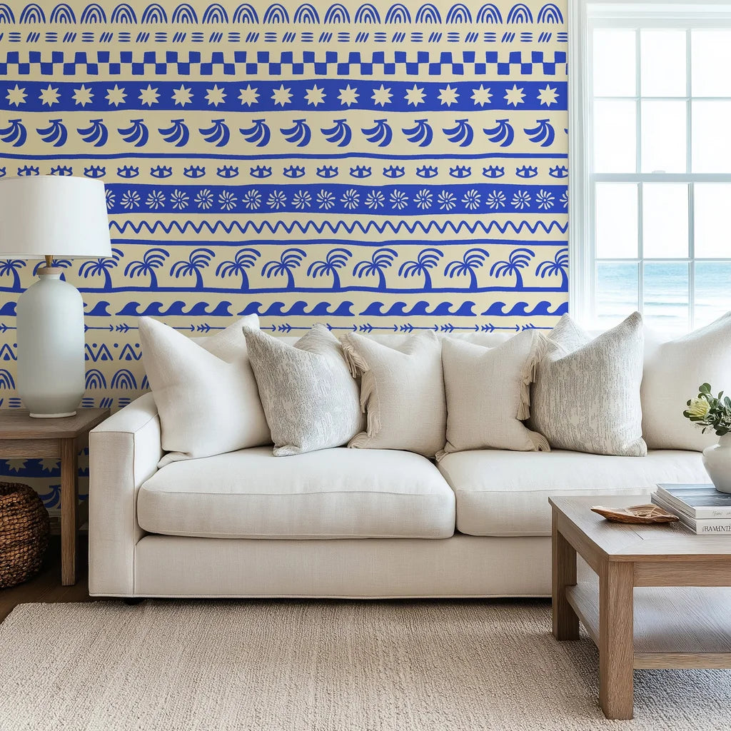 Boho-style blue and cream hand-drawn striped removable wallpaper