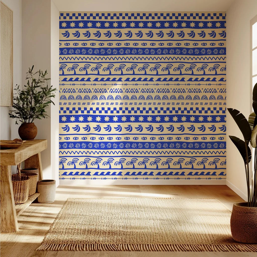 Hand-drawn blue stripes on cream bohemian-style removable wallpaper