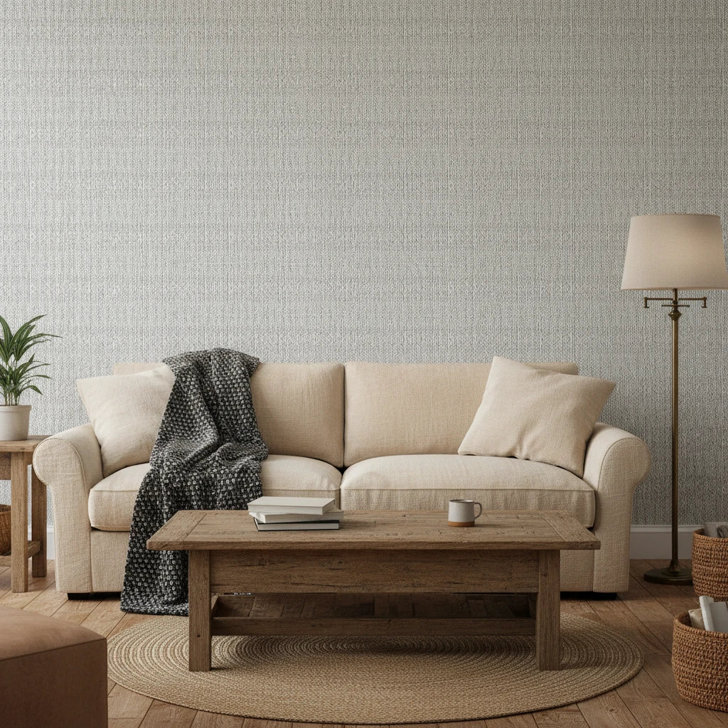 Cobalt Grain grey woven texture wallpaper in a warm and inviting living room