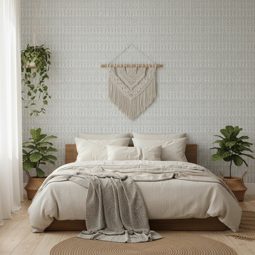 Cobalt Grain grey woven texture wallpaper adding character to a cozy bedroom