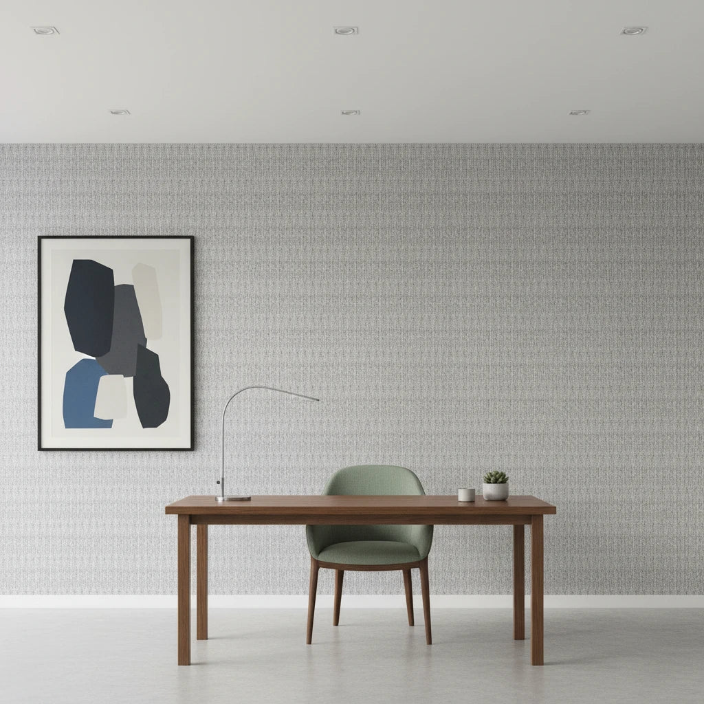 Cobalt Grain grey woven texture wallpaper as a feature wall in a bright home office