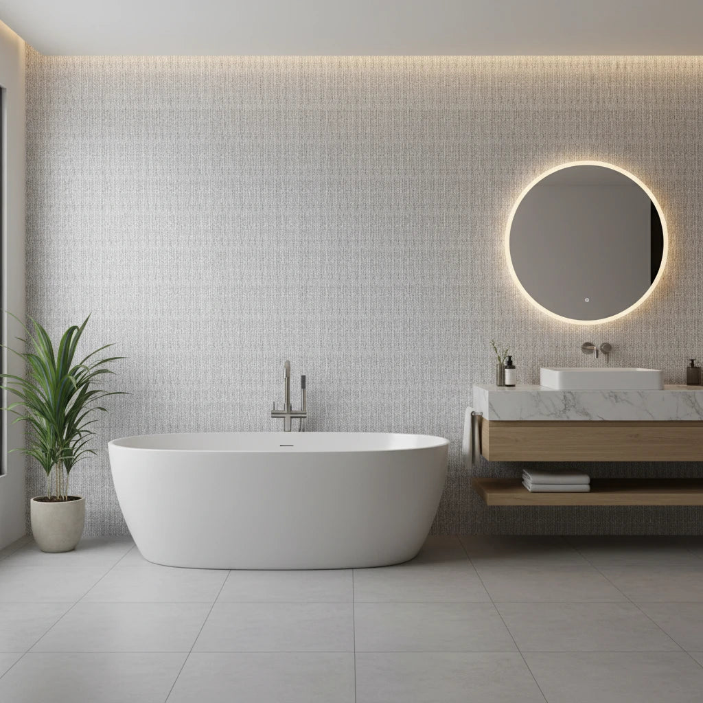 Cobalt Grain grey woven texture wallpaper creating ambiance in a serene bathroom