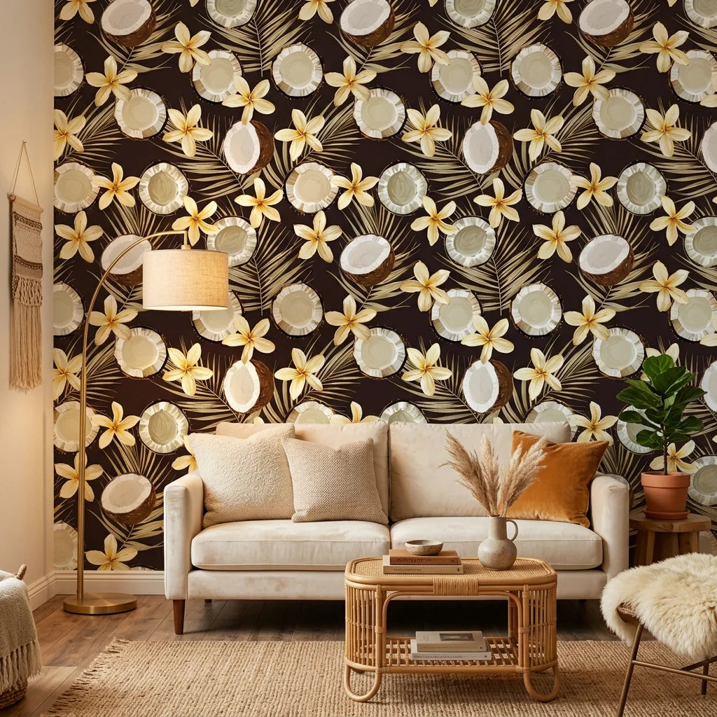 Coco Bloom tropical fruit floral wallpaper in a warm and inviting living room