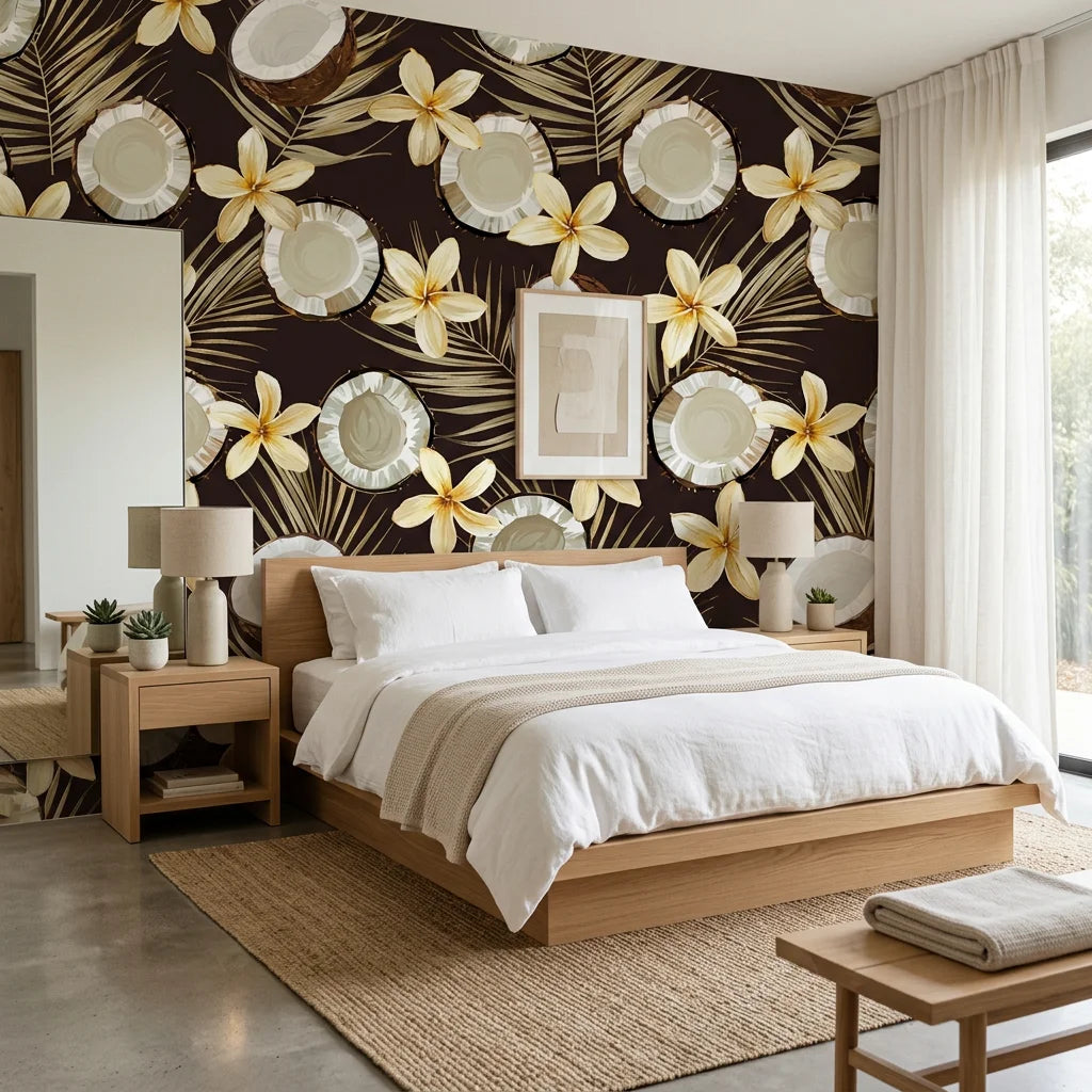 Coco Bloom tropical fruit floral wallpaper adding character to a cozy bedroom