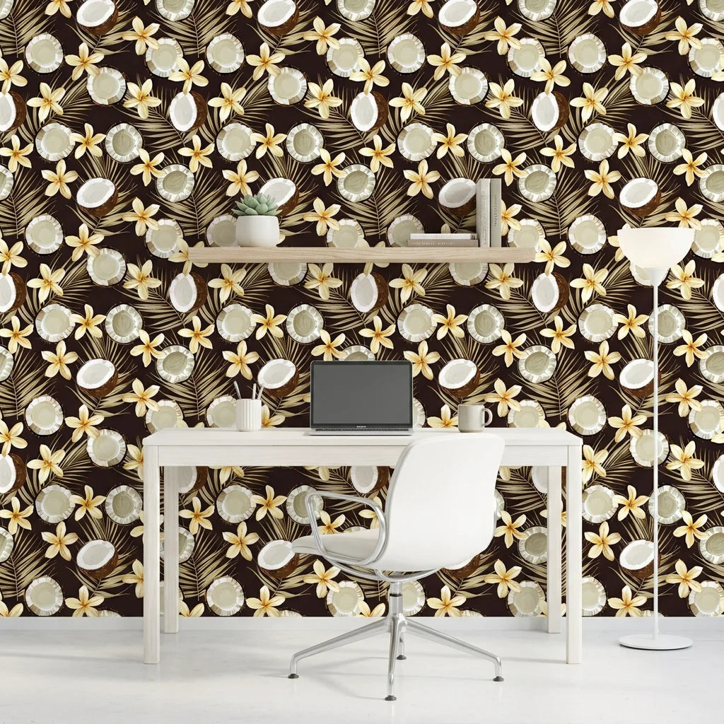 Coco Bloom tropical fruit floral wallpaper as a feature wall in a bright home office
