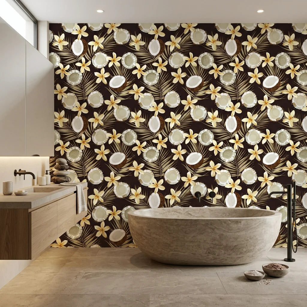 Coco Bloom tropical fruit floral wallpaper creating ambiance in a serene bathroom