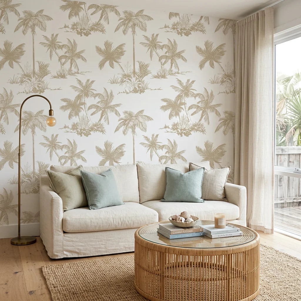 Cocoa Grove warm tropical wallpaper in a warm and inviting living room