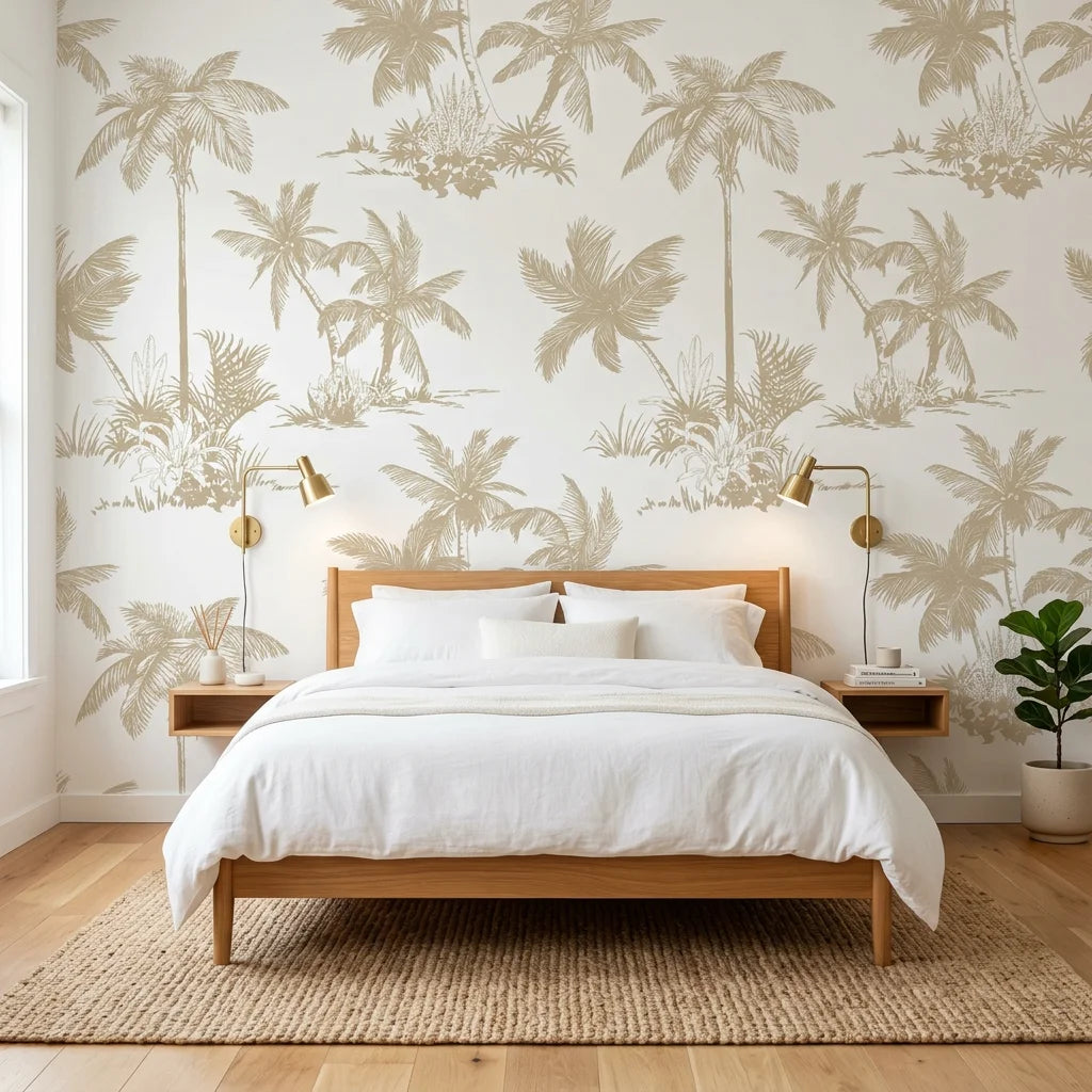 Cocoa Grove warm tropical wallpaper adding character to a cozy bedroom