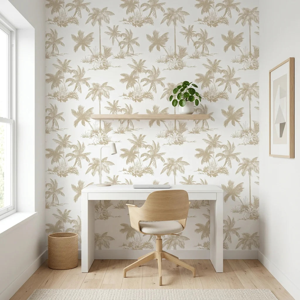 Cocoa Grove warm tropical wallpaper as a feature wall in a bright home office