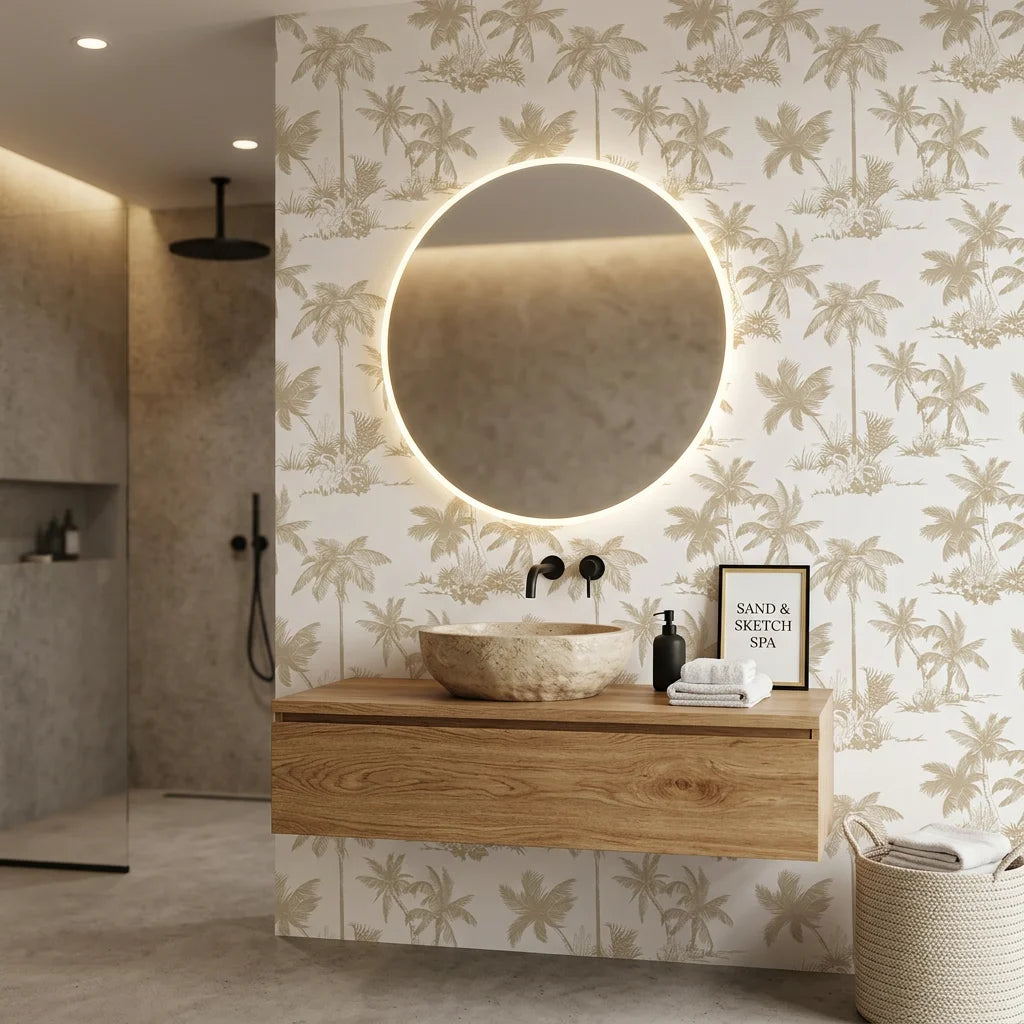 Cocoa Grove warm tropical wallpaper creating ambiance in a serene bathroom