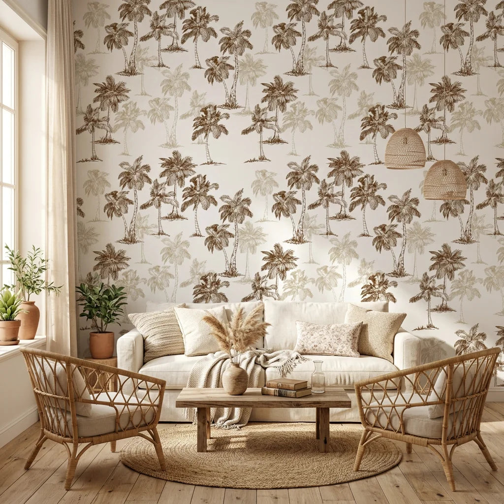 Colonial Palms classic sepia palm wallpaper in a warm and inviting living room