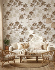 Colonial Palms classic sepia palm wallpaper in a warm and inviting living room
