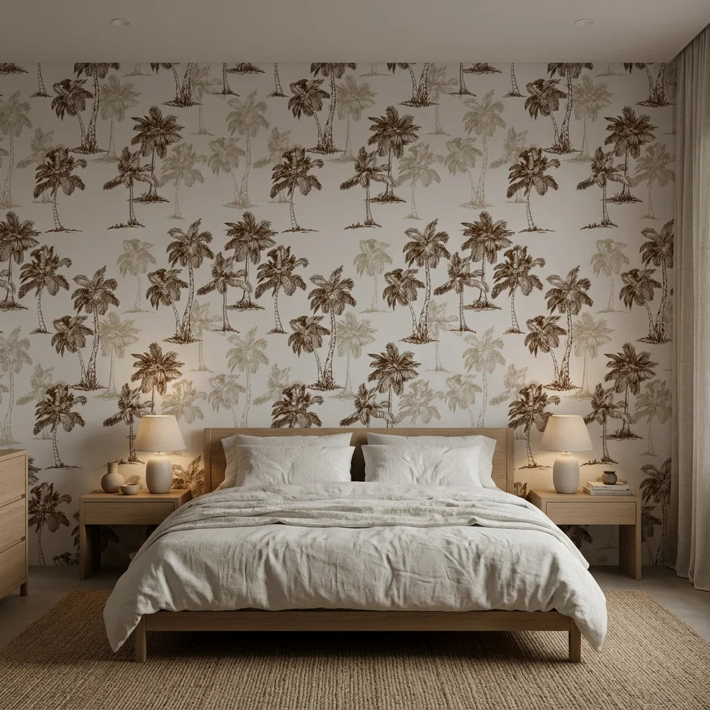 Colonial Palms classic sepia palm wallpaper adding character to a cozy bedroom