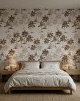 Colonial Palms classic sepia palm wallpaper adding character to a cozy bedroom