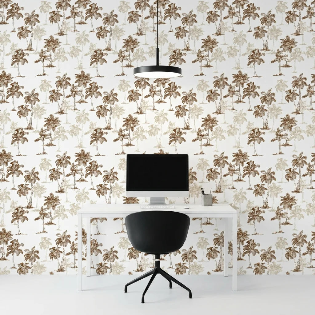 Colonial Palms classic sepia palm wallpaper as a feature wall in a bright home office