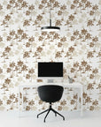 Colonial Palms classic sepia palm wallpaper as a feature wall in a bright home office