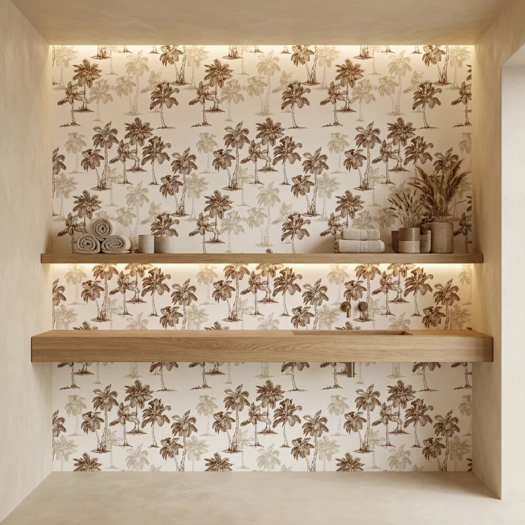 Colonial Palms classic sepia palm wallpaper creating ambiance in a serene bathroom