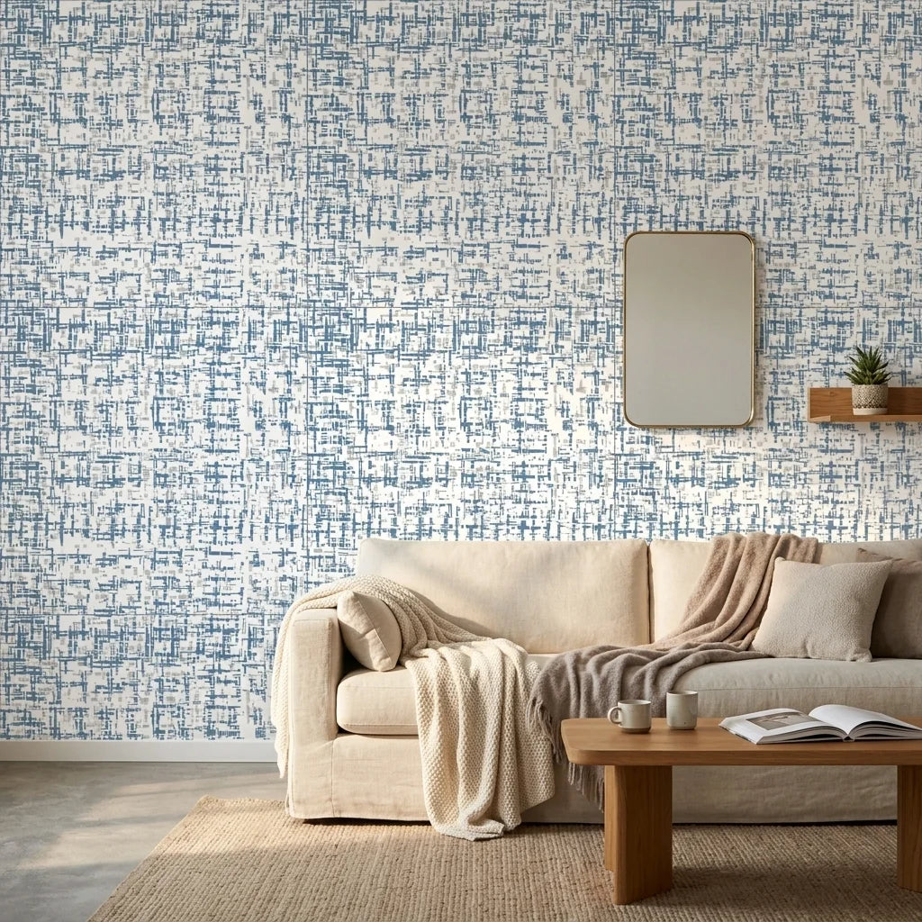 Concrete Drift blue & grey abstract wallpaper in a warm and inviting living room