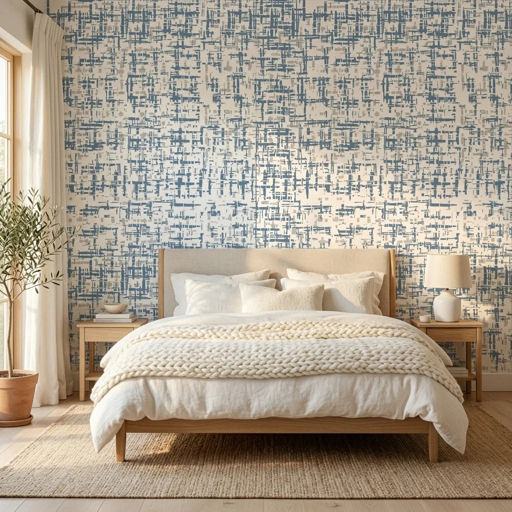 Concrete Drift blue & grey abstract wallpaper adding character to a cozy bedroom