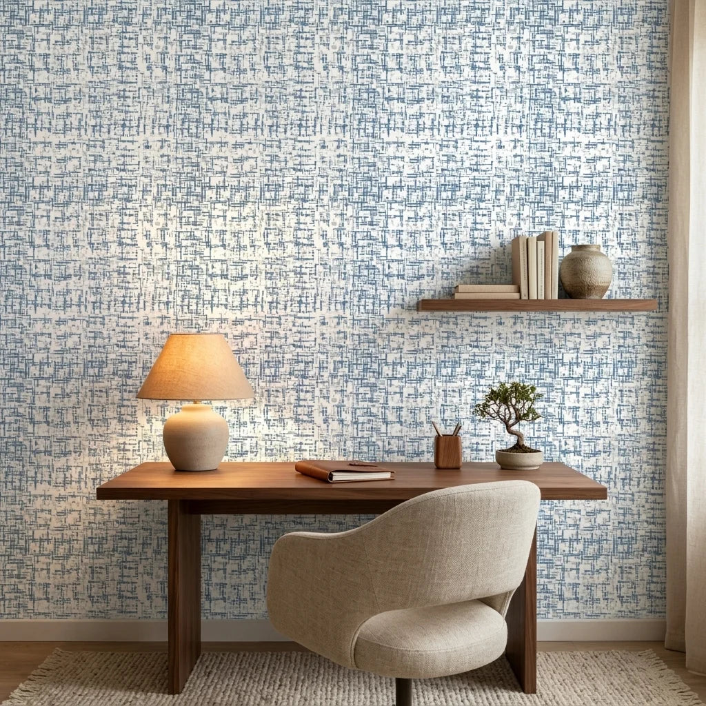 Concrete Drift blue & grey abstract wallpaper as a feature wall in a bright home office