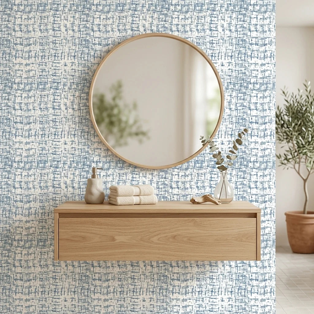 Concrete Drift blue & grey abstract wallpaper creating ambiance in a serene bathroom