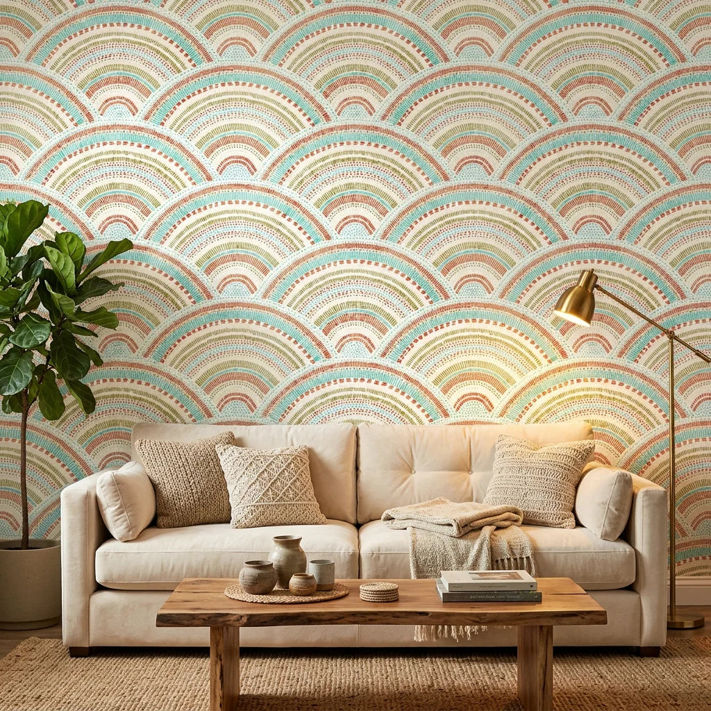 Confetti Fan dotted art deco wallpaper in a warm and inviting living room