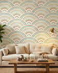 Confetti Fan dotted art deco wallpaper in a warm and inviting living room