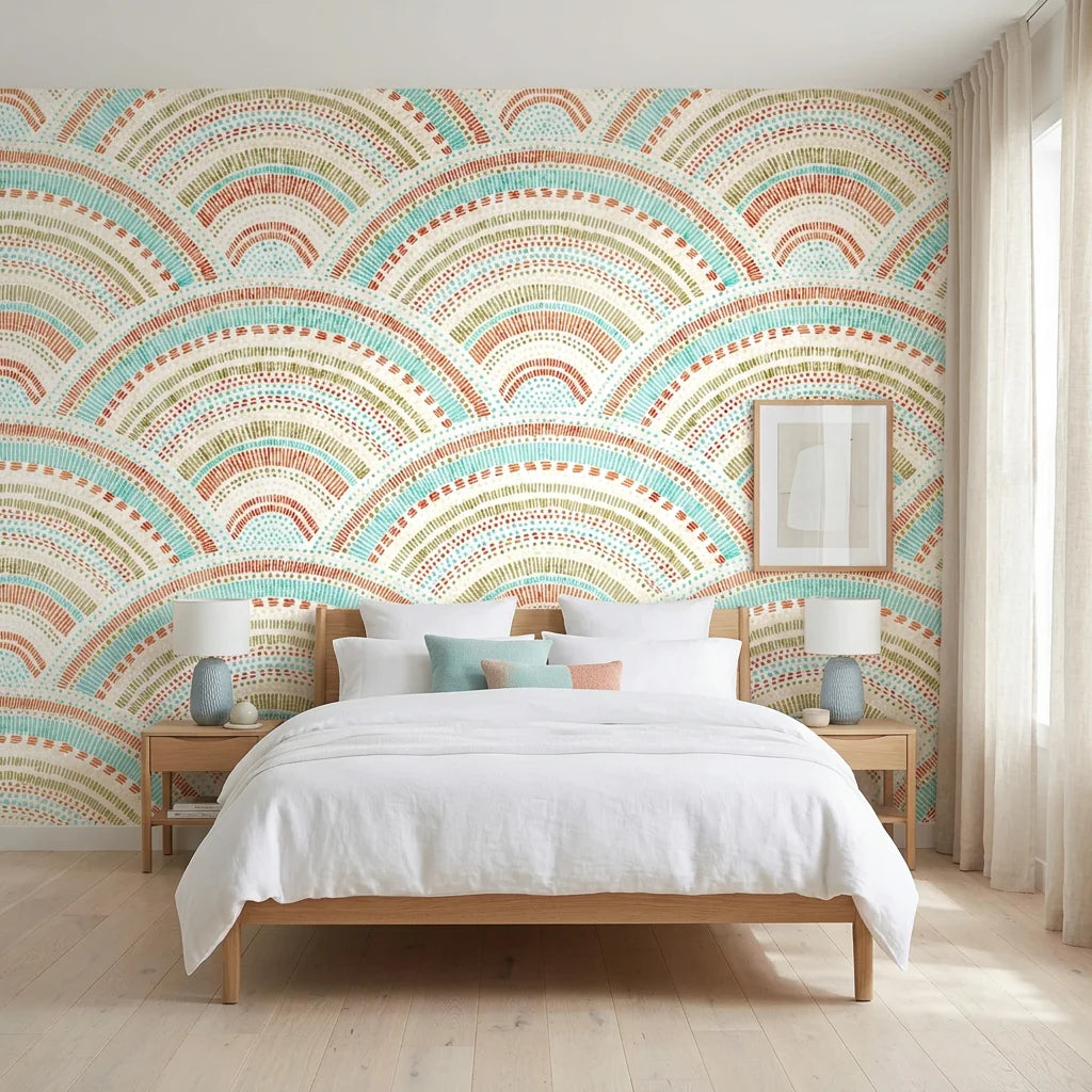 Confetti Fan dotted art deco wallpaper adding character to a cozy bedroom