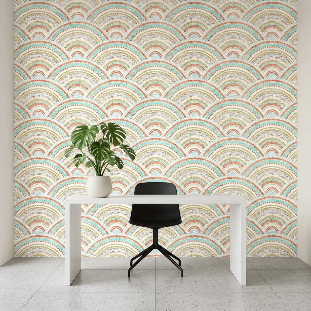 Confetti Fan dotted art deco wallpaper as a feature wall in a bright home office