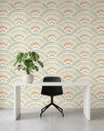 Confetti Fan dotted art deco wallpaper as a feature wall in a bright home office