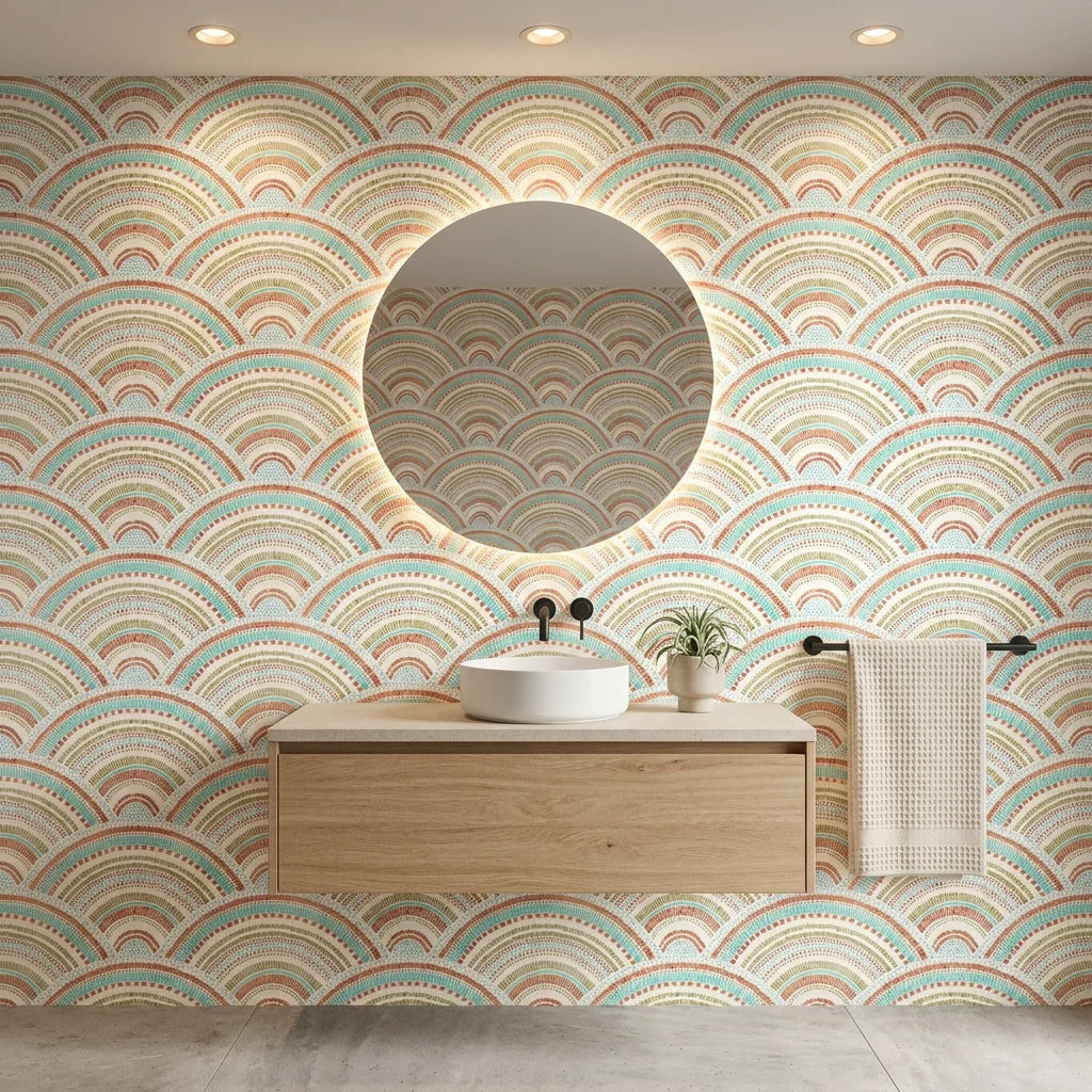 Confetti Fan dotted art deco wallpaper creating ambiance in a serene bathroom