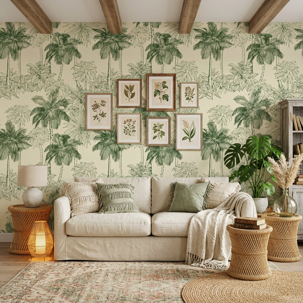 Conservatory Greens green tropical palm wallpaper in a warm and inviting living room