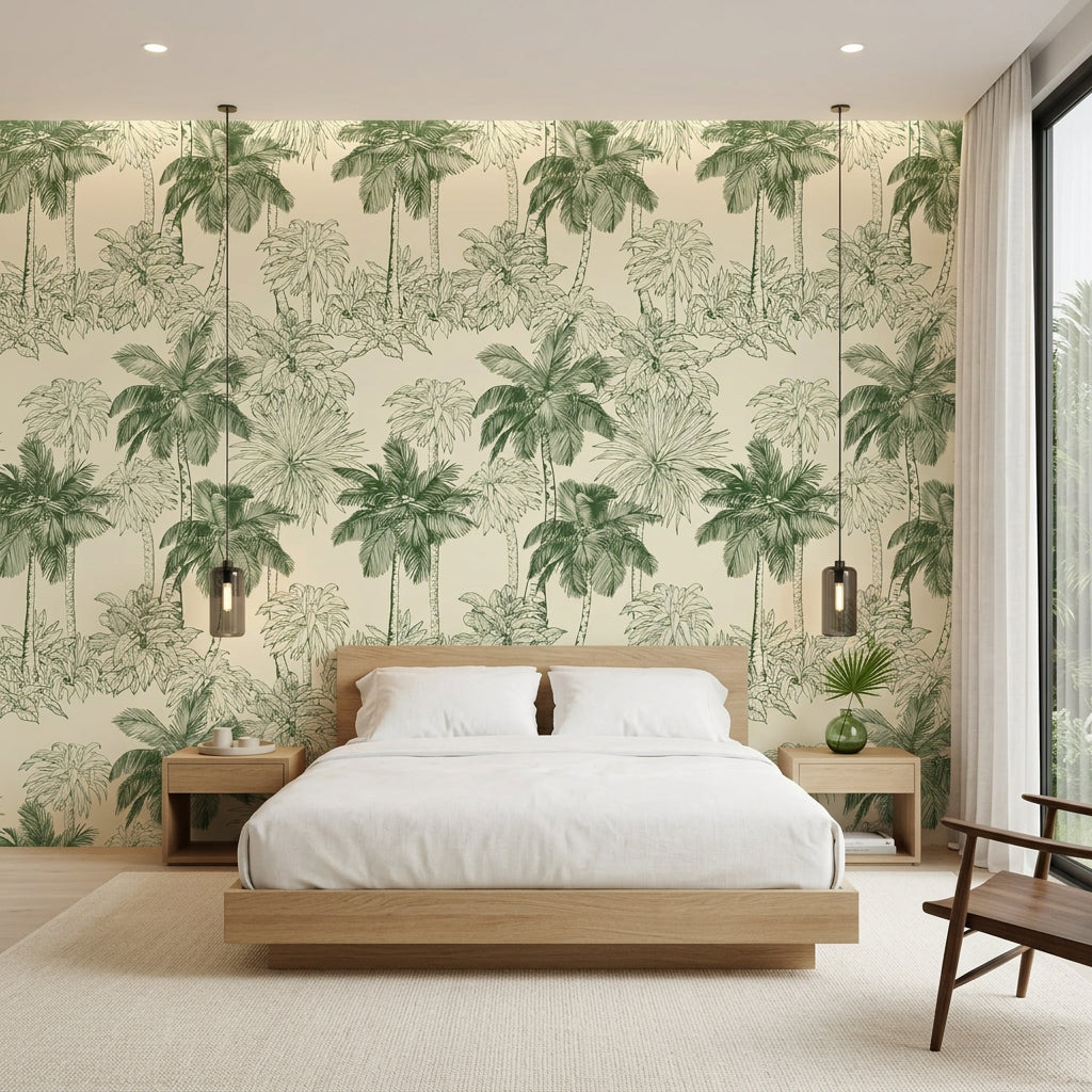 Conservatory Greens green tropical palm wallpaper adding character to a cozy bedroom