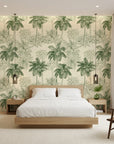 Conservatory Greens green tropical palm wallpaper adding character to a cozy bedroom