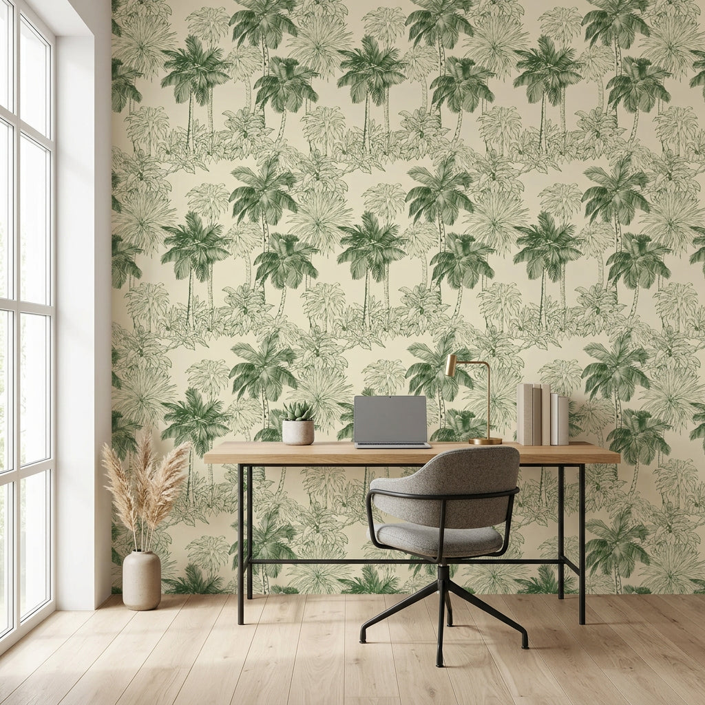 Conservatory Greens green tropical palm wallpaper as a feature wall in a bright home office