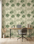 Conservatory Greens green tropical palm wallpaper as a feature wall in a bright home office