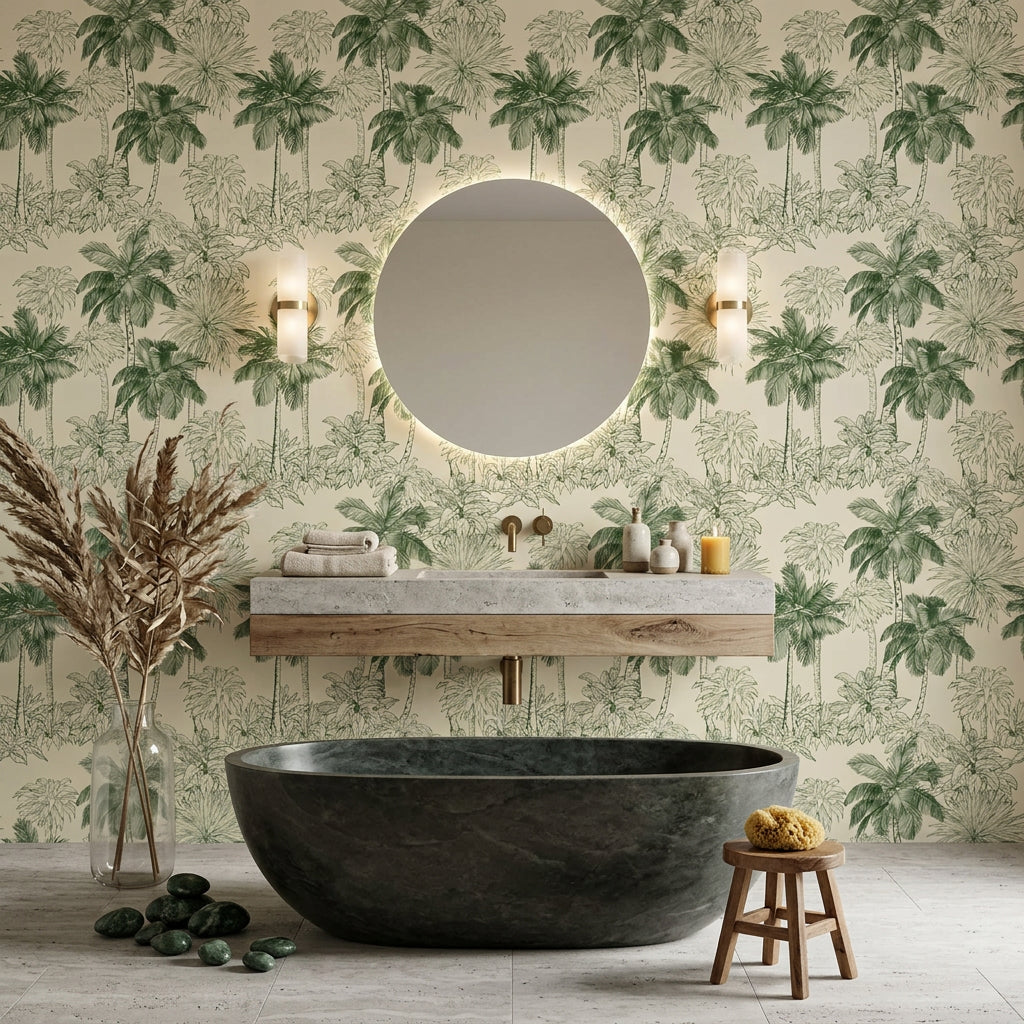 Conservatory Greens green tropical palm wallpaper creating ambiance in a serene bathroom