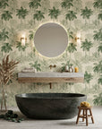 Conservatory Greens green tropical palm wallpaper creating ambiance in a serene bathroom