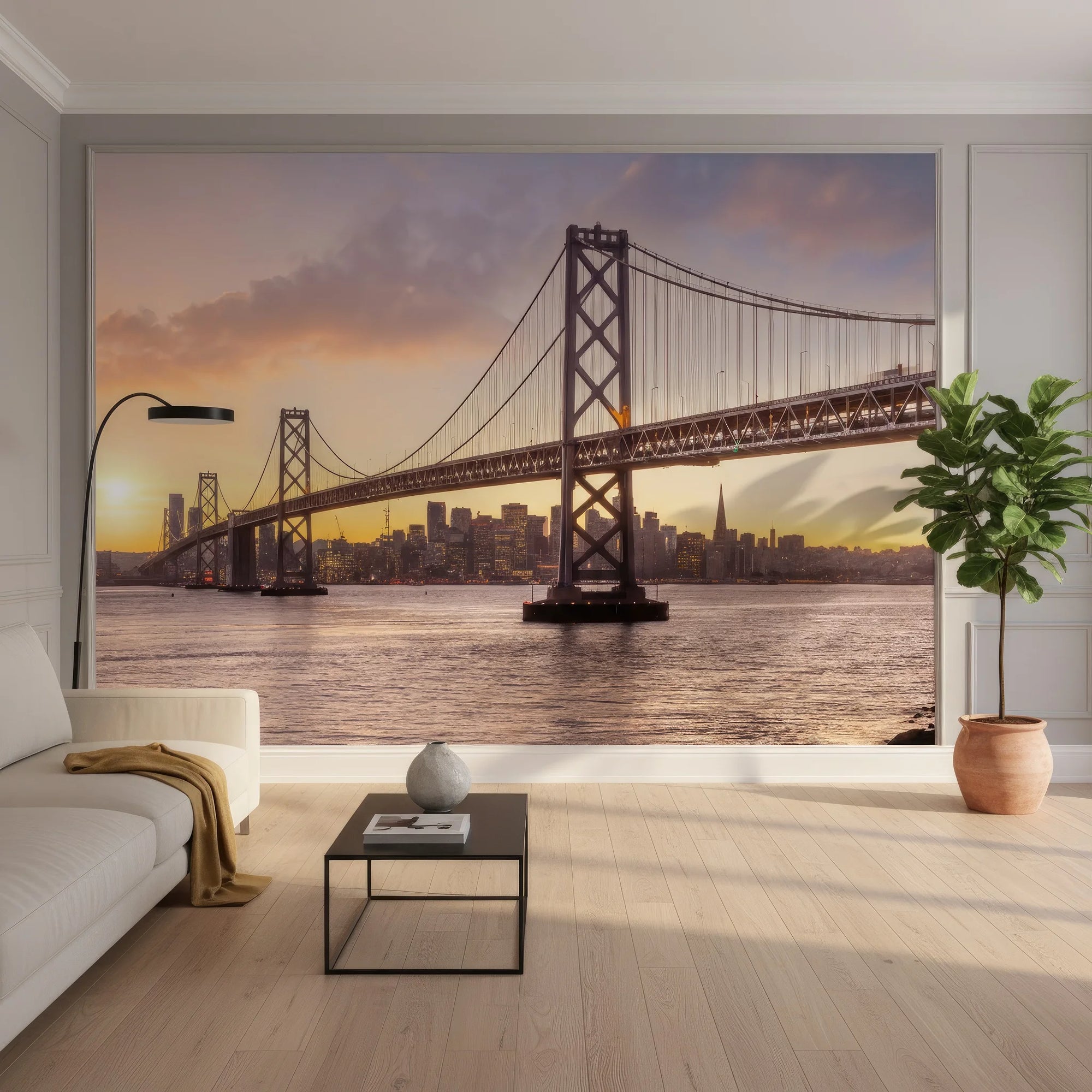 San Francisco Bay Bridge at sunset mural wallpaper in modern minimalist living room with warm amber tones