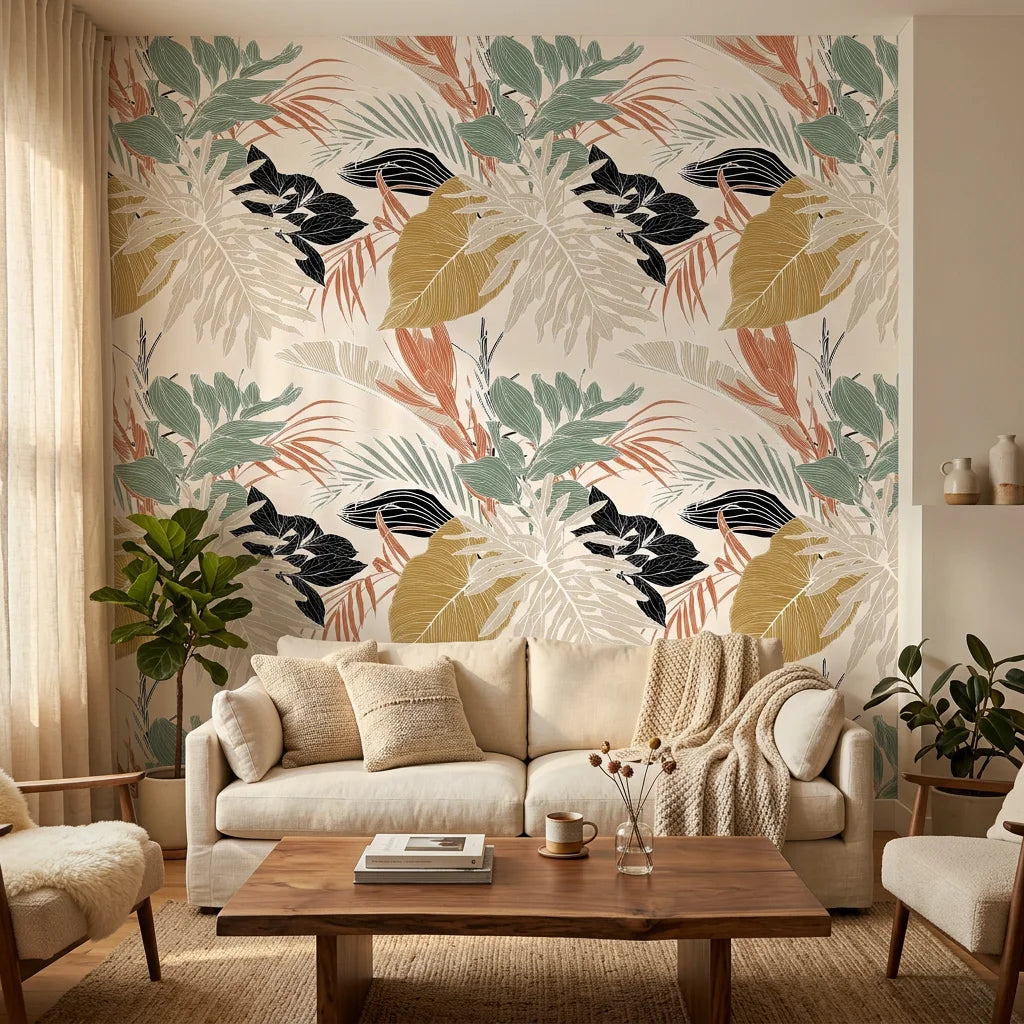 Copper Fronds metallic palm wallpaper in a warm and inviting living room