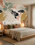 Copper Fronds metallic palm wallpaper adding character to a cozy bedroom