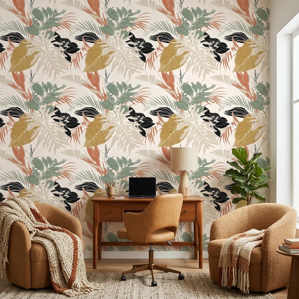 Copper Fronds metallic palm wallpaper as a feature wall in a bright home office