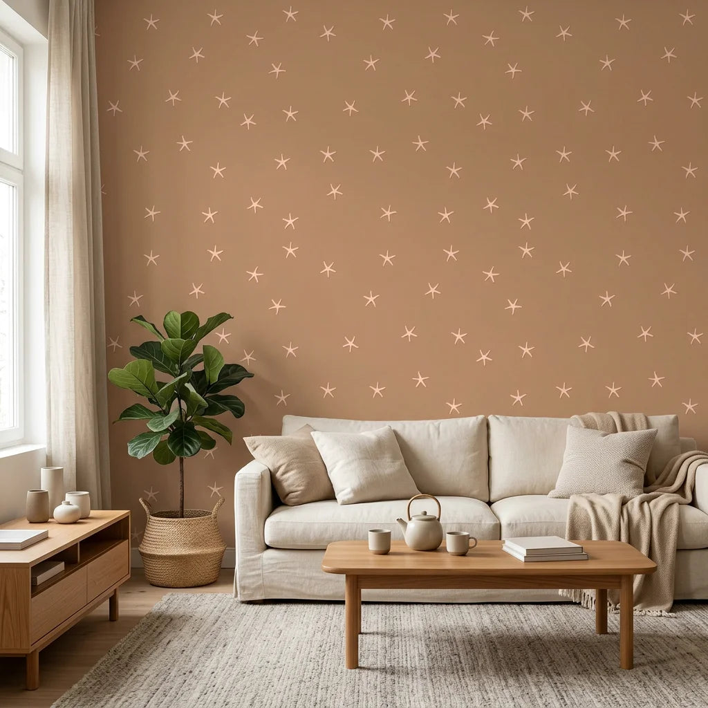 Copper Stars copper terracotta starfish in a warm and inviting living room
