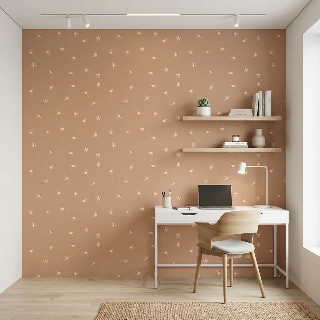 Copper Stars copper terracotta starfish as a feature wall in a bright home office