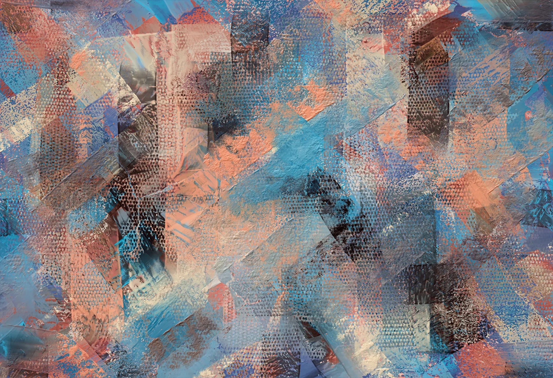 Copper Storm blue and copper abstract wallpaper creating ambiance in a serene bathroom