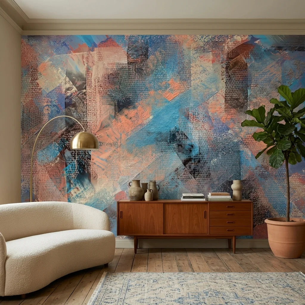 Canvas-like copper and blue abstract brushstroke peel and stick wallpaper - Copper Storm