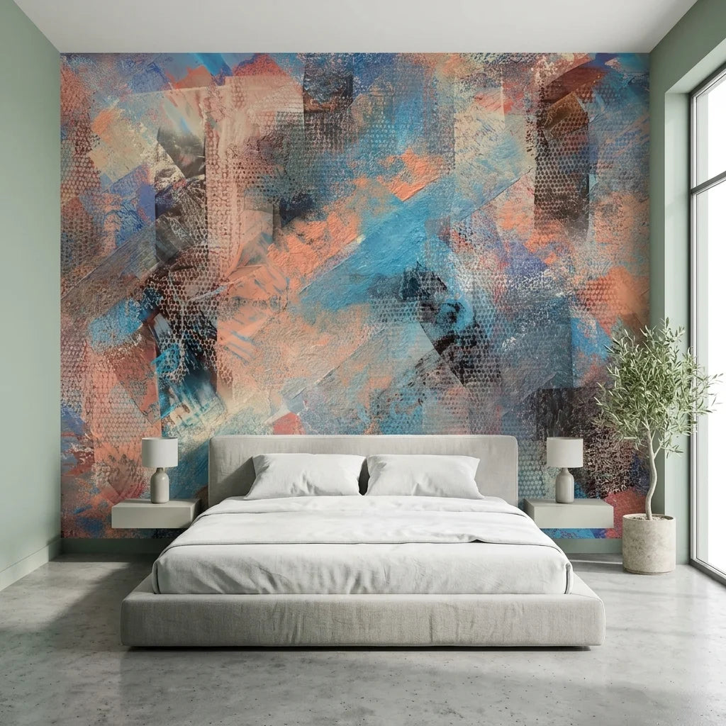 Copper Storm blue and copper abstract wallpaper in a warm and inviting living room