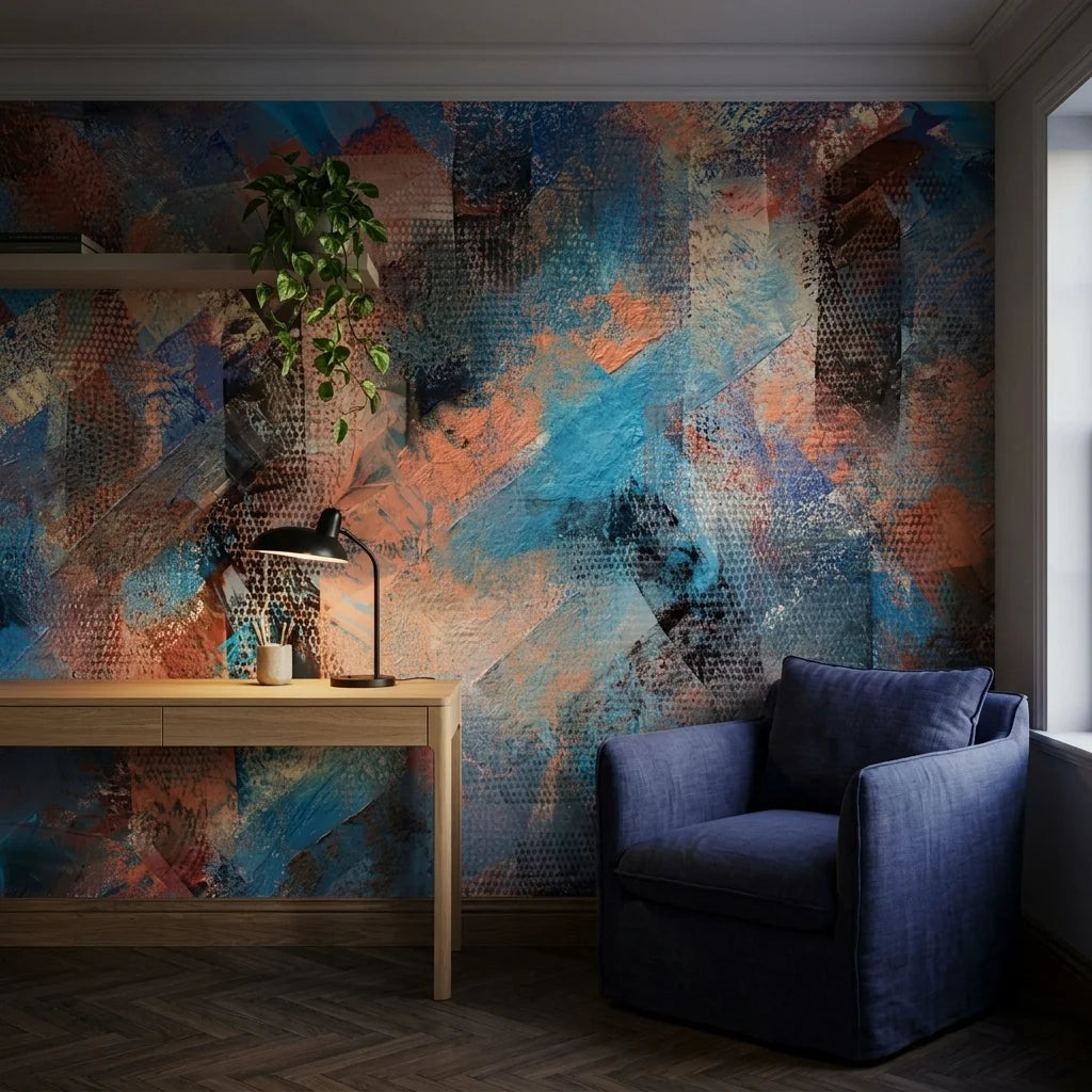 Copper Storm blue and copper abstract wallpaper adding character to a cozy bedroom