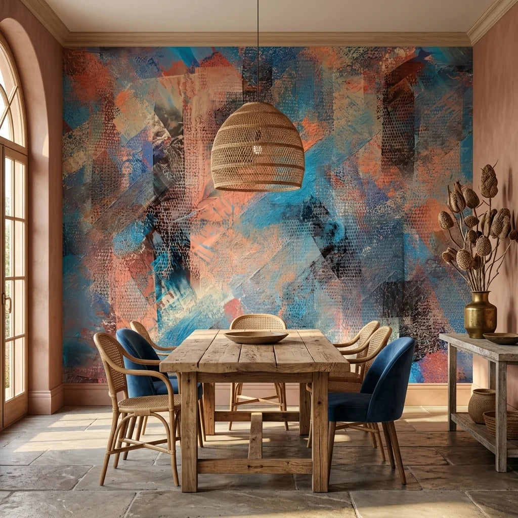 Copper Storm blue and copper abstract wallpaper as a feature wall in a bright home office